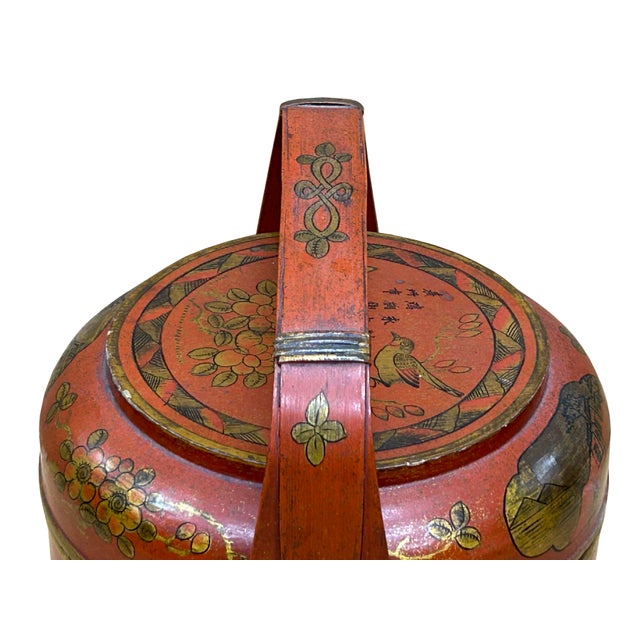 Vintage Oriental Brick Red Golden Graphic Stack Wedding Basket Display For Sale - Image 16 of 18