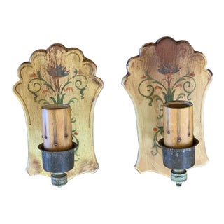 1920s Wood and Brass Original Hand-Painted Wall Sconces - a Pair For Sale