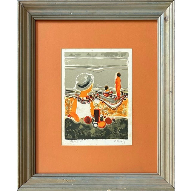 Vintage mid century original abstract impressionist lithograph depicting people on a beach. Pencil signed, illegible, to...
