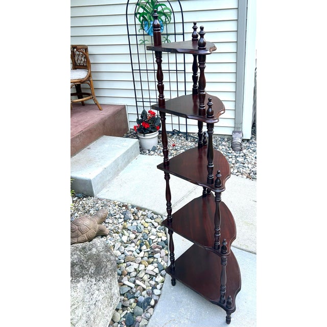 Wood Early 20th Century, Victorian, Five-Tier, Mahogany, What-Not Display Shelf, Turned Spindle Supports, Stick and Ball Detailing, Corner Etagere For Sale - Image 7 of 10