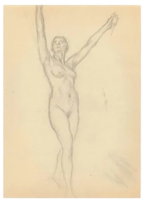 Paul Grain, Standing Figure with Arms Upward, Pencil Drawing, Early 20th Century