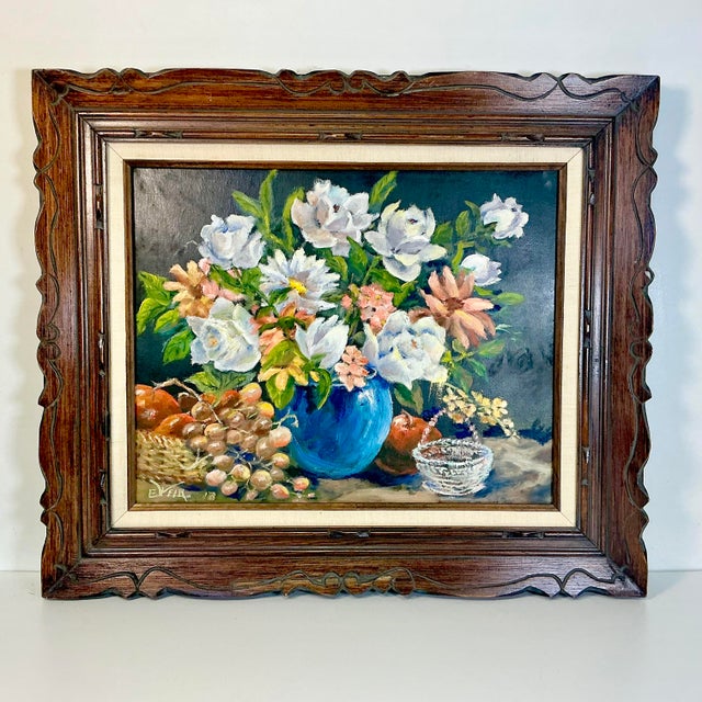 Impressionist 1960s Original Oil Painting Impressionist Blue Vase Still Life by Edith Weir. For Sale - Image 3 of 11