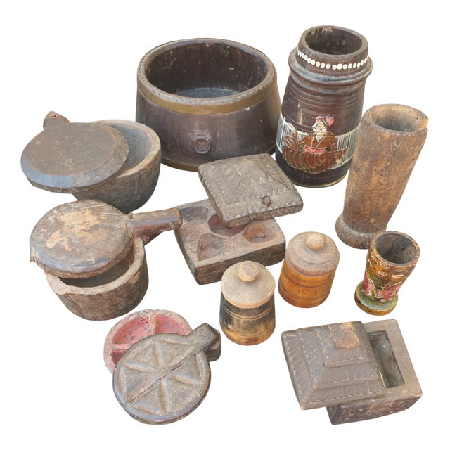 Indian Carved and Hand-Painted on Wood Containers, 18th Century, Set of 11 For Sale