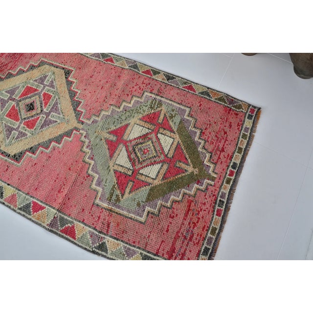 Vintage Anatolian Wool Runner, Hand-Woven Rug With Vibrant Pink and Geometric Motifs For Sale - Image 4 of 10