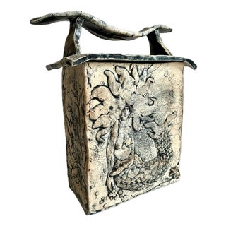 Signed Mid 20th Century Novelty Relief Mermaid Trees Ceramic Box With Lid / Large Art Studio Pottery Lidded Box For Sale