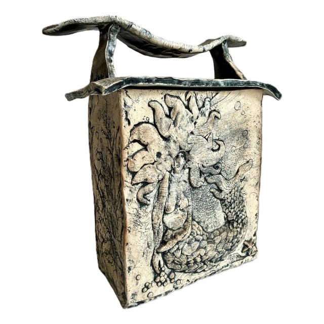 Signed Mid 20th Century Novelty Relief Mermaid Trees Ceramic Box With Lid / Large Art Studio Pottery Lidded Box For Sale