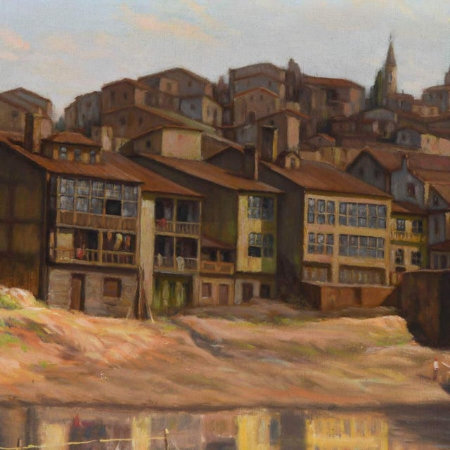 Realism Mid 20th Century Framed Signed Vidal Couce Riverside Village Scene Oil on Canvas For Sale - Image 3 of 11