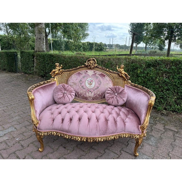 1940 French Louis XVI Gold Beech Rose Velvet Settee For Sale - Image 13 of 18