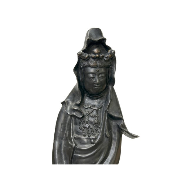 Chinese Vintage Chinese Black Metal Bodhisattva Kwan Yin Buddha Statue For Sale - Image 3 of 11
