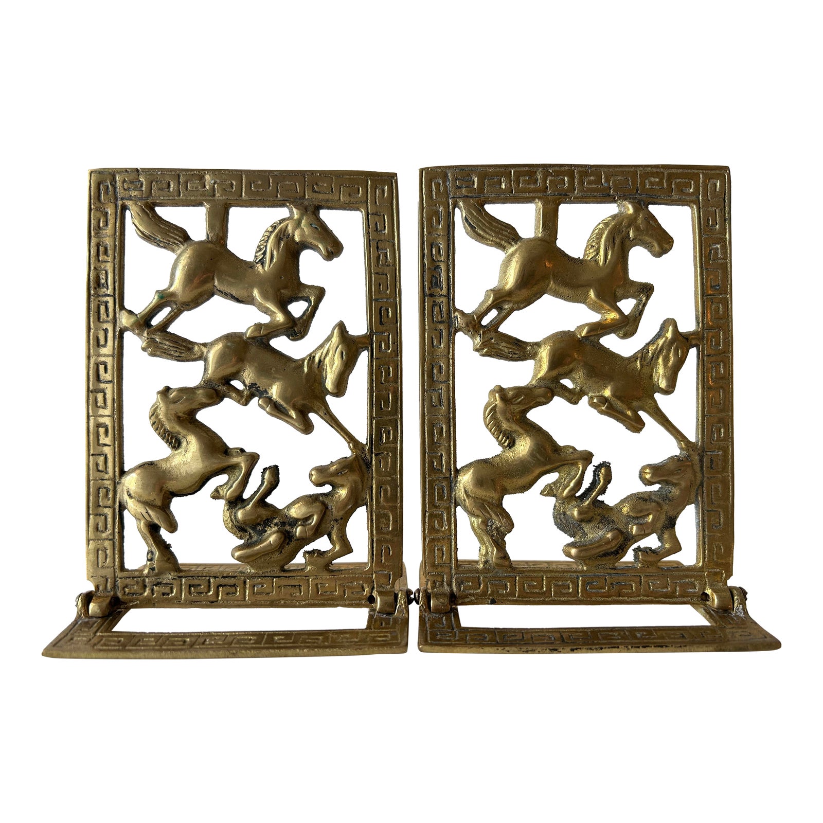 Vintage Chinoiserie Horse & Greek Key Brass Bookends - a Pair | Chairish