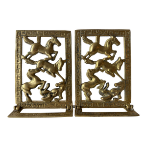 Vintage Chinoiserie Horse & Greek Key Brass Bookends - a Pair