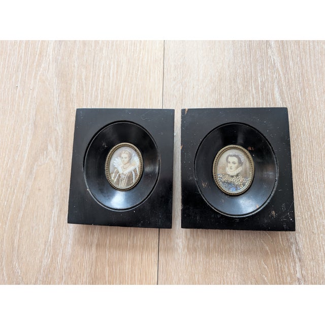 Mid 20th Century Portrait Miniatures of Noble Ladies in Ebonized Frames - Set of 2 For Sale - Image 12 of 12
