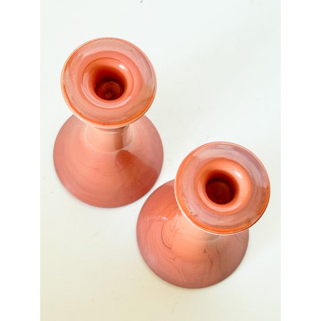 1920s Antique Tiffin Carrara Coral Slag Glass Candlesticks, a Pair For Sale - Image 5 of 10