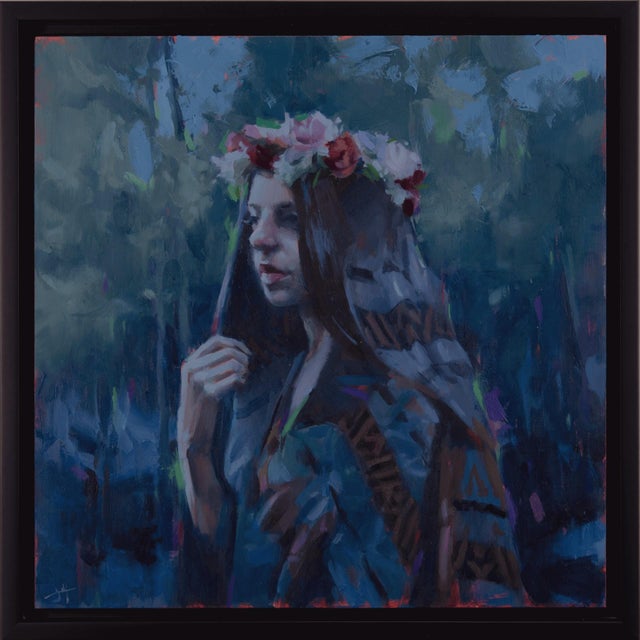 Nox Flore by Judd Mercer | Oil on panel Portrait of a woman in a floral crown and dark attire For Sale