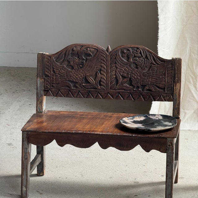 Mini Bench with Carved Backrest, 1980s For Sale - Image 10 of 18