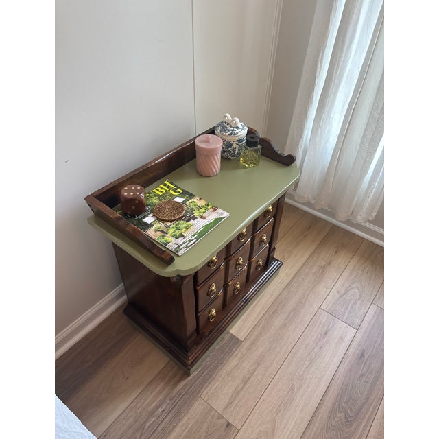 Vintage Lion 3-Drawer Nightstand - Dark Wood, Olive Sage Green, Gold Pulls For Sale - Image 4 of 12