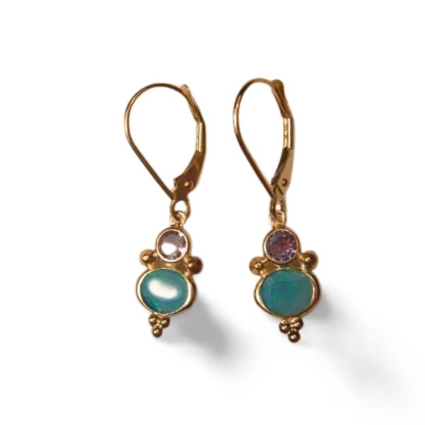 14K Yellow Gold Blue Opal Tanzanite Dangle Drop Designer Earrings. This elegant pair features 2 natural blue opals total 1...
