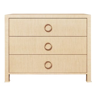 Matthew Izzo Home Getty Natural Grasscloth Three Drawer Chest With Antique Brass Circle Hardware For Sale