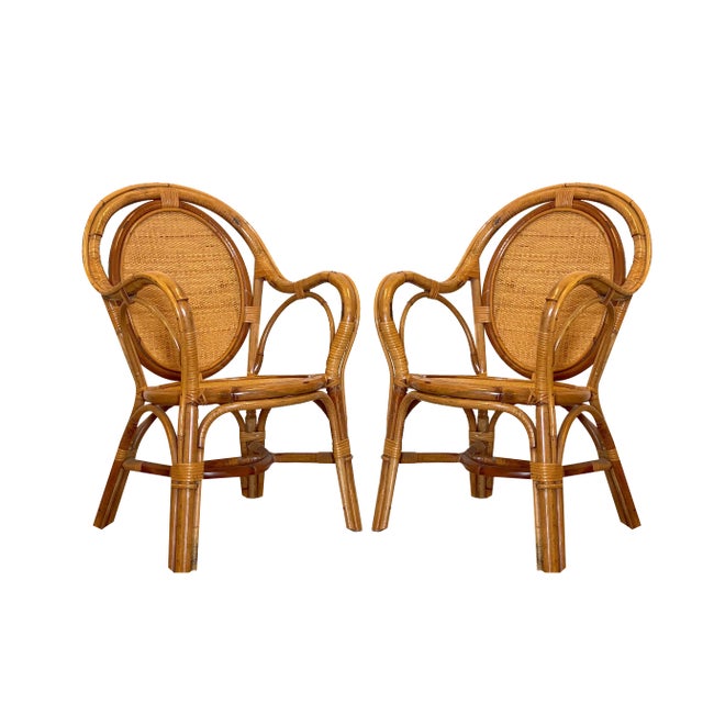 Set of Wicker & Bamboo Armchairs, 1970s For Sale