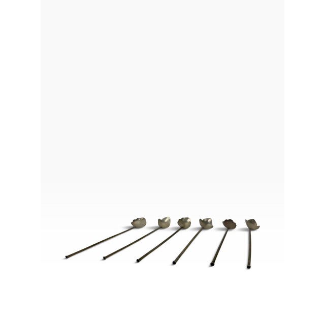 Mid 20th Century Vintage Mid-Century Mexican Taxco Sterling Silver Leaf Straw Spoons - Set of 6 For Sale - Image 5 of 7