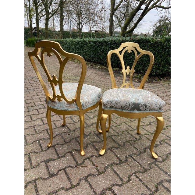 1950 French Louis XVI Gold Damask Side Chairs – Pair For Sale - Image 12 of 14