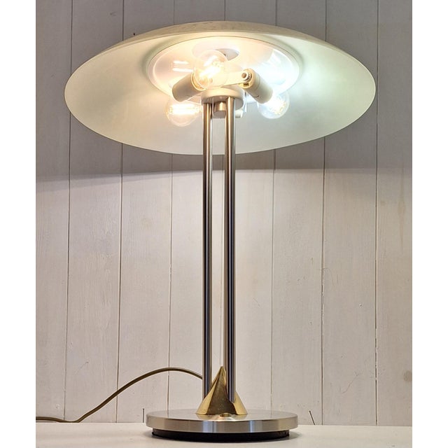 1980s Vintage Table Lamp in Bicolor Metal, Brass and Stainless Steel with White Marbled Glass Shade from Hustadt-Leuchten, 1980s For Sale - Image 5 of 8