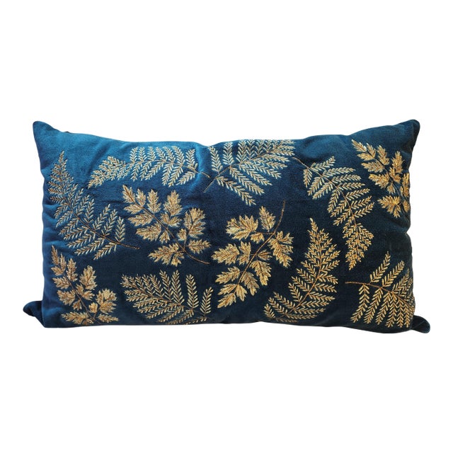 Lillian August Midnight Sapphire Velvet Lumbar Pillow With Gold Embroidery For Sale