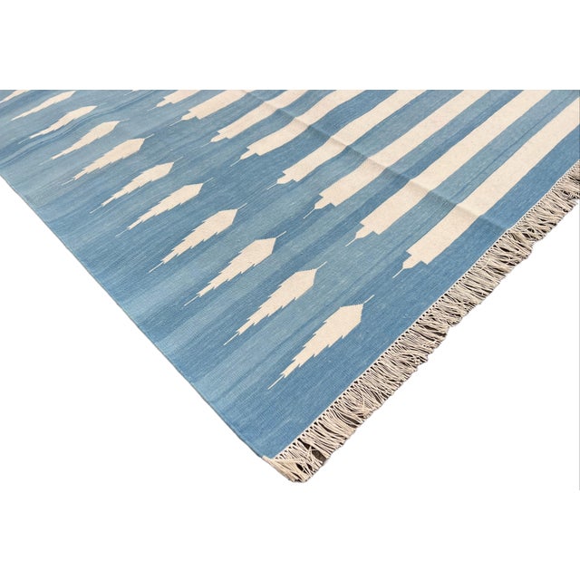 Mid-Century Modern Handwoven Cotton Area Rug Vegetable Dyed Sky Blue and White Striped Dhurrie - 13'x18' For Sale - Image 3 of 12