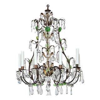 Late 19th Century French Brass Chandelier with Clear & Green Crystals For Sale