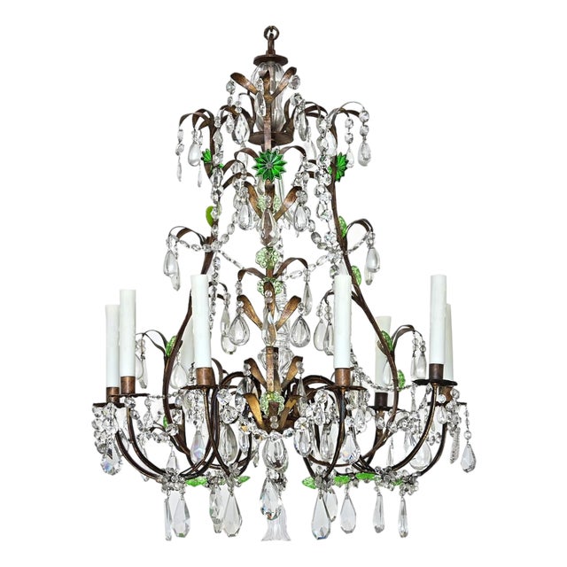 Late 19th Century French Brass Chandelier with Clear & Green Crystals For Sale