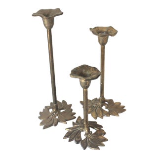 Set of Three 1960s Brass Flower Candle Holders Holly Mistletoe For Sale