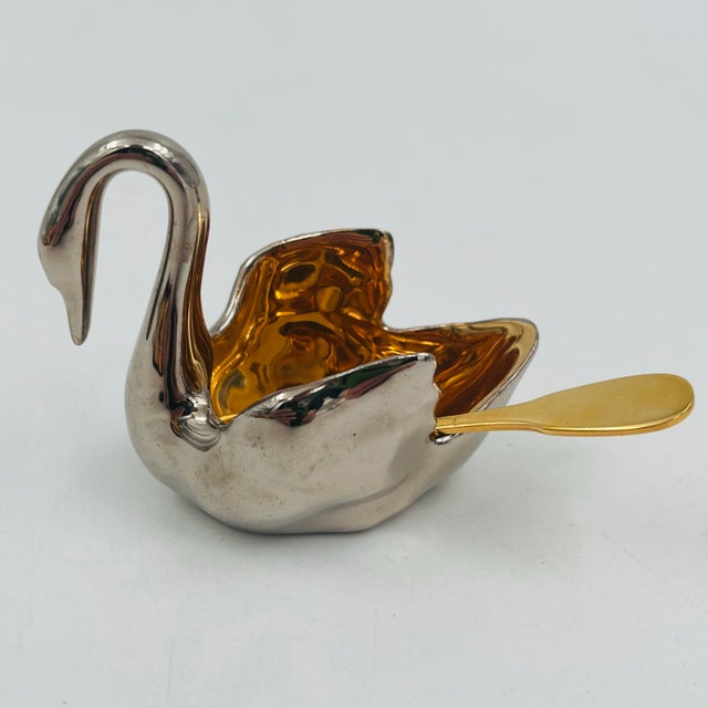 Mid 20th Century Vintage Limoges Silver/Platinum and Gold Plated Porcelain Swan Salt Cellar With Gold Plated Spoon For Sale - Image 5 of 12