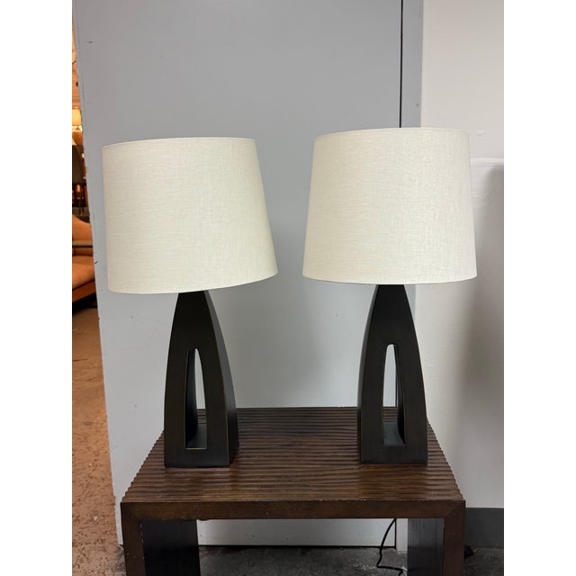 Design Plus Gallery presents a Pair of Sylvan Table Lamps from Crate & Barrel. Each lamp features a sculptural geometric...