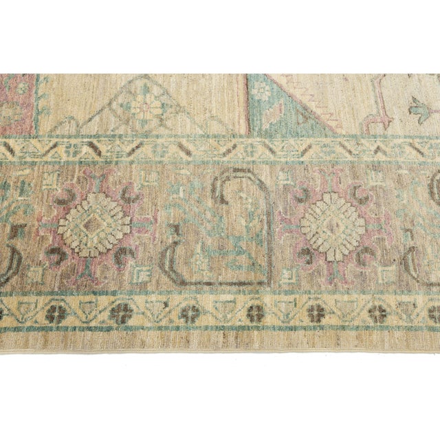 Textile Hand-Knotted Serapi-Inspired Modern Wool Rug in Muted Pastels and Sand 11x13 For Sale - Image 7 of 9