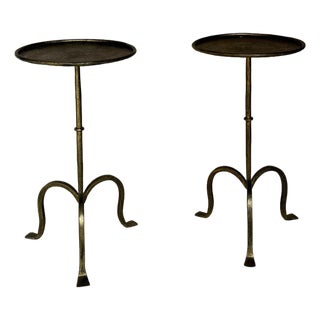 Pair of Spanish Hand-Forged Iron Drinks Tables With Hammered Tops and Gold Patina For Sale