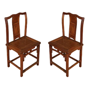 Pair of Asian Wood Chairs in With Carved Square Motif