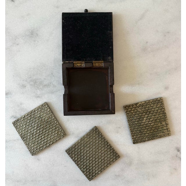 Brown Vintage Metal and Wood Coasters and Storage Box For Sale - Image 8 of 13