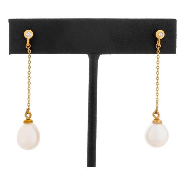 14k Yellow Gold & Cultured Pearl Drop Earrings For Sale