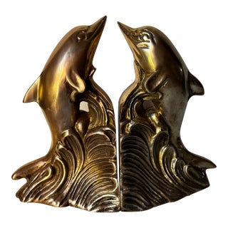 Vintage Brass Delphine Bookends For Sale