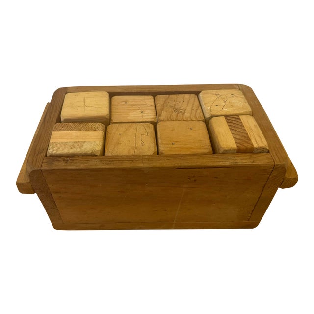 Vintage Hand Crafted Wooden Building Blocks With Original Storage Box – Rustic Montessori Style Set For Sale