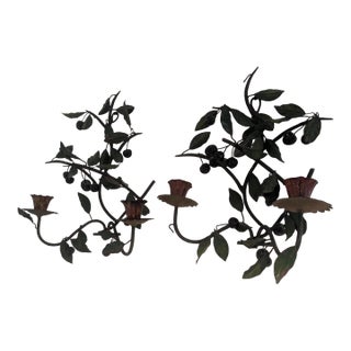 Pair of Antique Italian Wall Sconces;Toleware and Iron; Leaf and Branch Design For Sale
