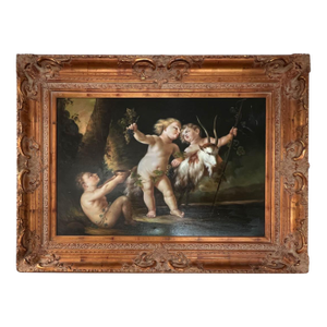 Classical Bacchic Revelry Oil Painting in Ornate Gilded Frame
