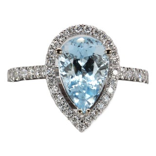 2.18cts Pear Aquamarine With Diamond Halo Ring in Solid 14k White Gold, Size 6.75 For Sale