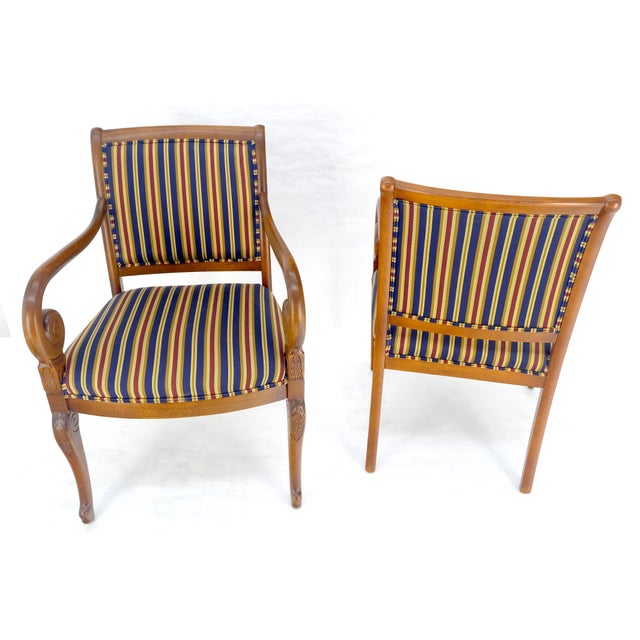 Wood Pair of Regency Style Carved Open Arm Fireside Lounge Chairs Stripe Upholstery For Sale - Image 7 of 18