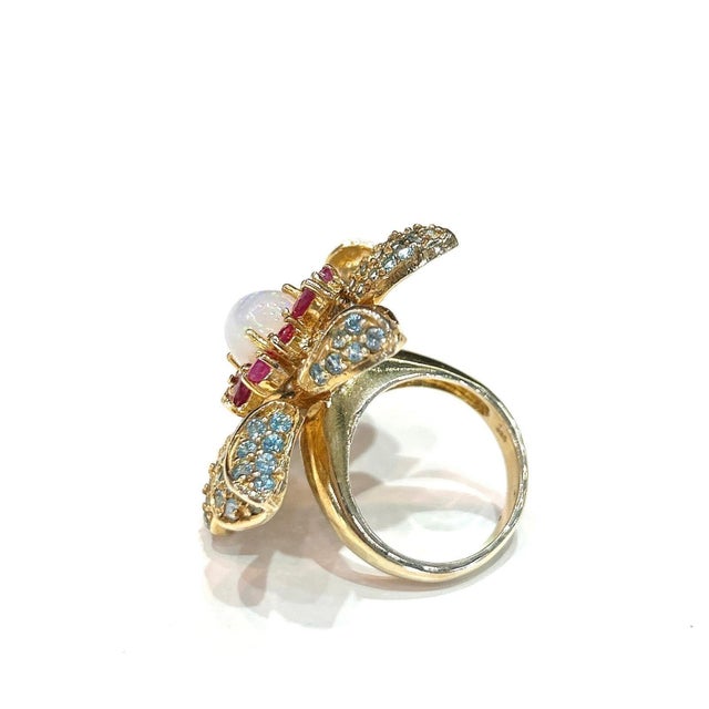 Gemstone Bochic "Capri" Ruby, Fire Opal & Blue Topaz Flower Ring Set 18K Gold & Silver For Sale - Image 7 of 12