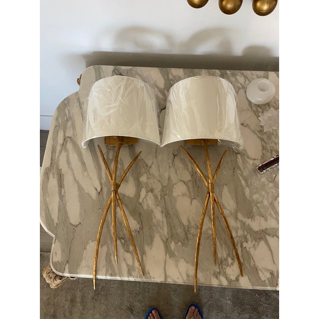 Transitional Hand-Forged Gold Metal Leaf Sconces by International Ironware - a Pair For Sale - Image 3 of 6