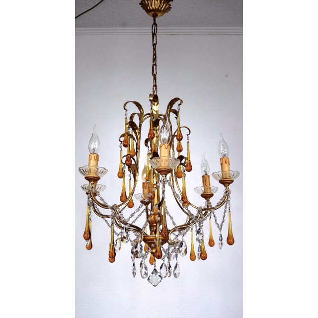 Gilded Metal and Murano Glass Drop Chandelier, 1940s For Sale - Image 4 of 12