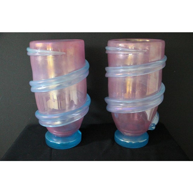 Mid-Century Modern Large Pink and Iridescent Turquoise Murano Glass Vases by Gino Cenedese, 1980s, Set of 2 For Sale - Image 3 of 18