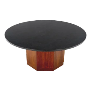 Octagonal Oil Walnut Base Round Slate Top Mid-Century Modern Coffee Table