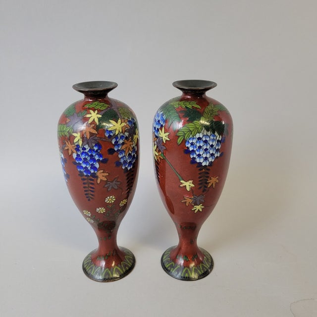 Pair of Japanese Ginbari Cloisonné Vases With Wisteria & Floral Motifs For Sale - Image 4 of 10